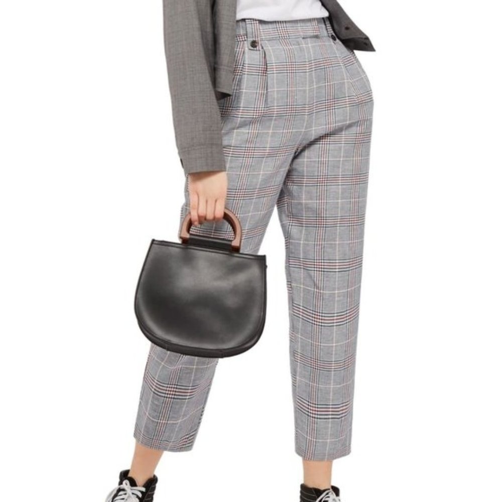 NWOT Topshop High Waist Linen Check Trousers Capri Ankle Size Small 4